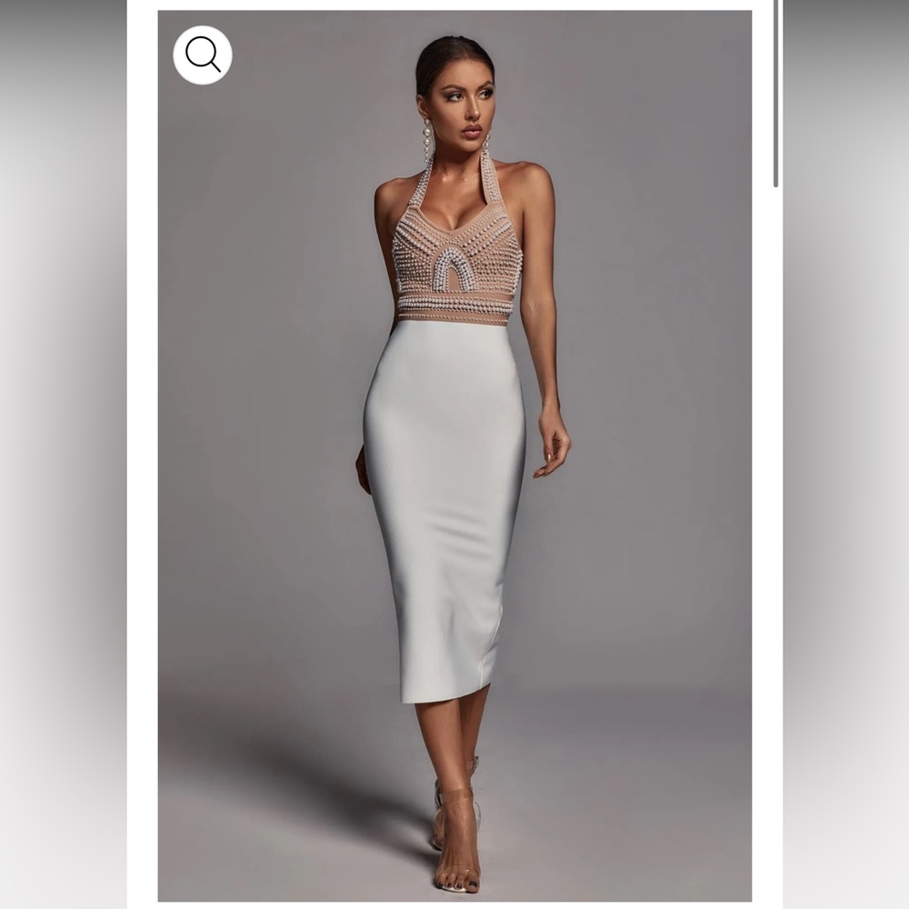 Bella Barnett Cornelia Pearl Halter Bandage Dress - Beige Size XS